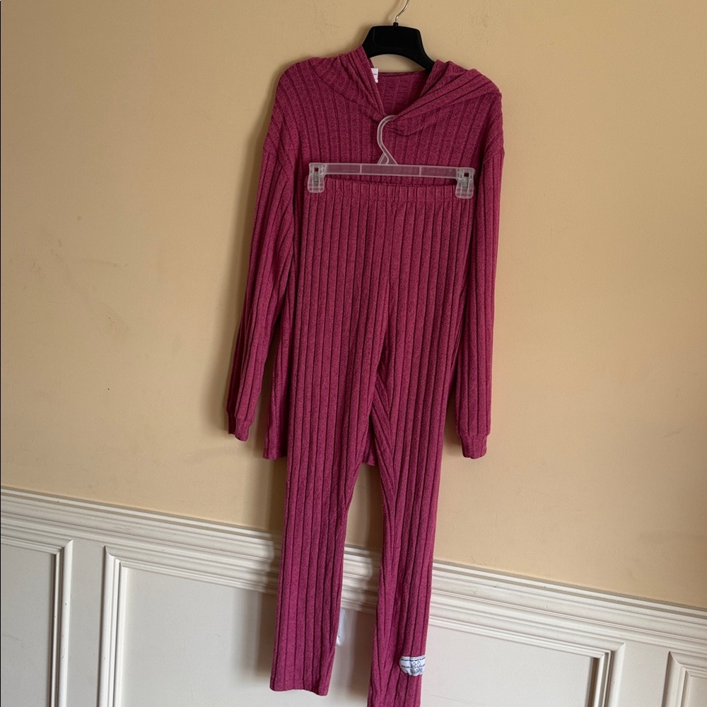 Girls Size 16Y Ribbed‎ Knit 2-Piece Hoodie & Leggings Lounge Set - Fuchsia Berry